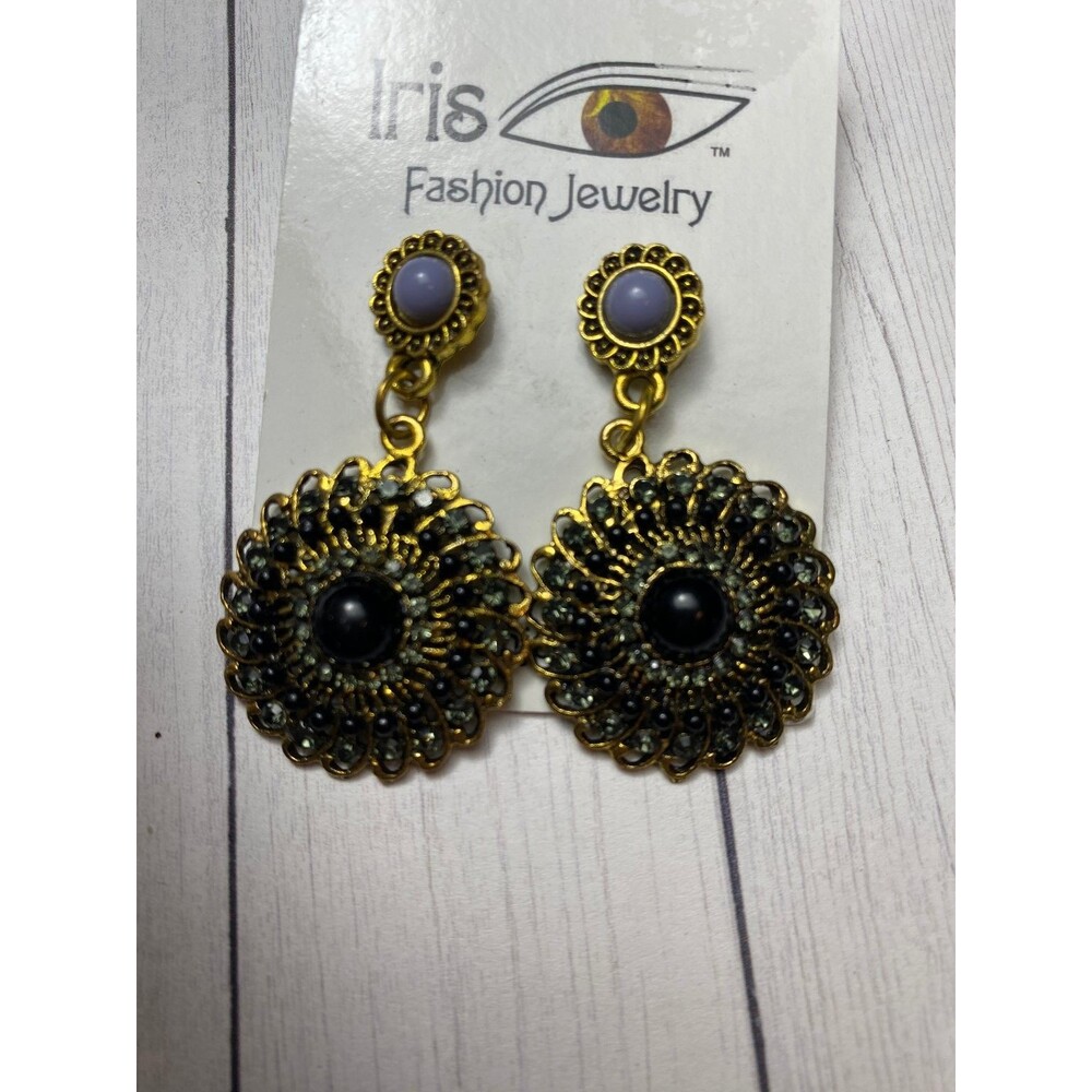 Iris Fashion Jewelry Drop Earrings Gold Tone With Purple Black Stones 2 Inch